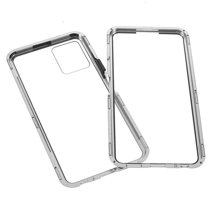 Double-sided Tempered Glass + Metal Frame Hybrid Phone Case Full Protection Cover with Magnetic Closure for vivo Y21 - Silver