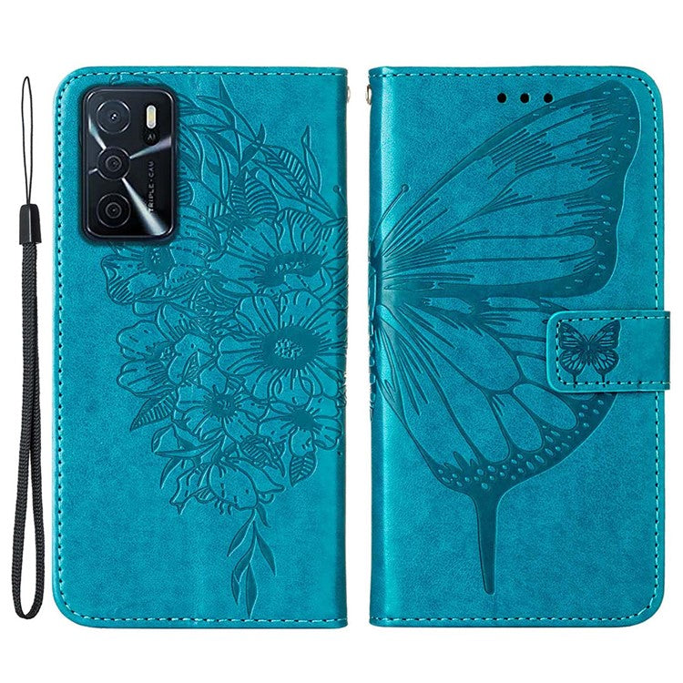 Wallet Design Case Imprinting Big Butterfly Flower Pattern Anti-scratch Drop-proof PU Leather Stand Phone Cover with Strap for Oppo A16/A16s/A54s/A55 5G - Blue