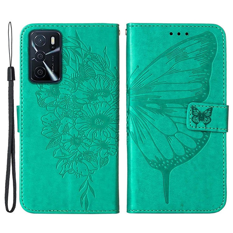 Wallet Design Case Imprinting Big Butterfly Flower Pattern Anti-scratch Drop-proof PU Leather Stand Phone Cover with Strap for Oppo A16/A16s/A54s/A55 5G - Green