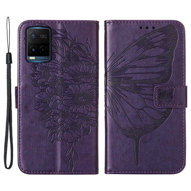 Wallet Design TPU and PU Leather Phone Case Imprinting Big Butterfly Flower Pattern Stand Phone Cover with Hand Strap for vivo Y21 / Y21s / Y33s - Purple