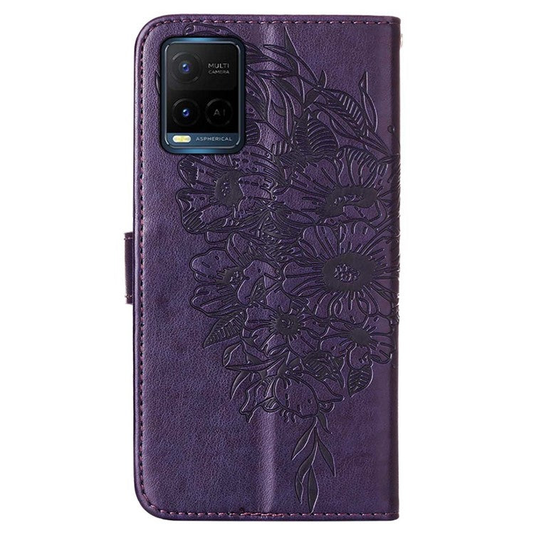 Wallet Design TPU and PU Leather Phone Case Imprinting Big Butterfly Flower Pattern Stand Phone Cover with Hand Strap for vivo Y21 / Y21s / Y33s - Purple