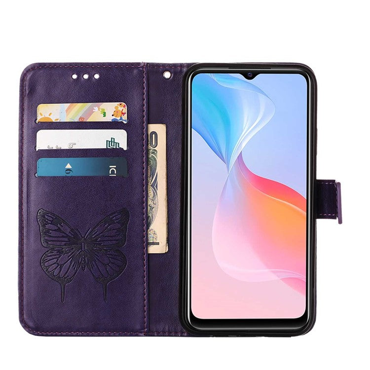 Wallet Design TPU and PU Leather Phone Case Imprinting Big Butterfly Flower Pattern Stand Phone Cover with Hand Strap for vivo Y21 / Y21s / Y33s - Purple