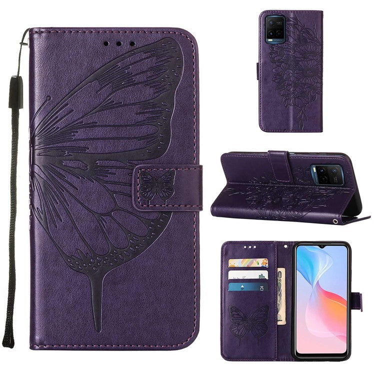 Wallet Design TPU and PU Leather Phone Case Imprinting Big Butterfly Flower Pattern Stand Phone Cover with Hand Strap for vivo Y21 / Y21s / Y33s - Purple