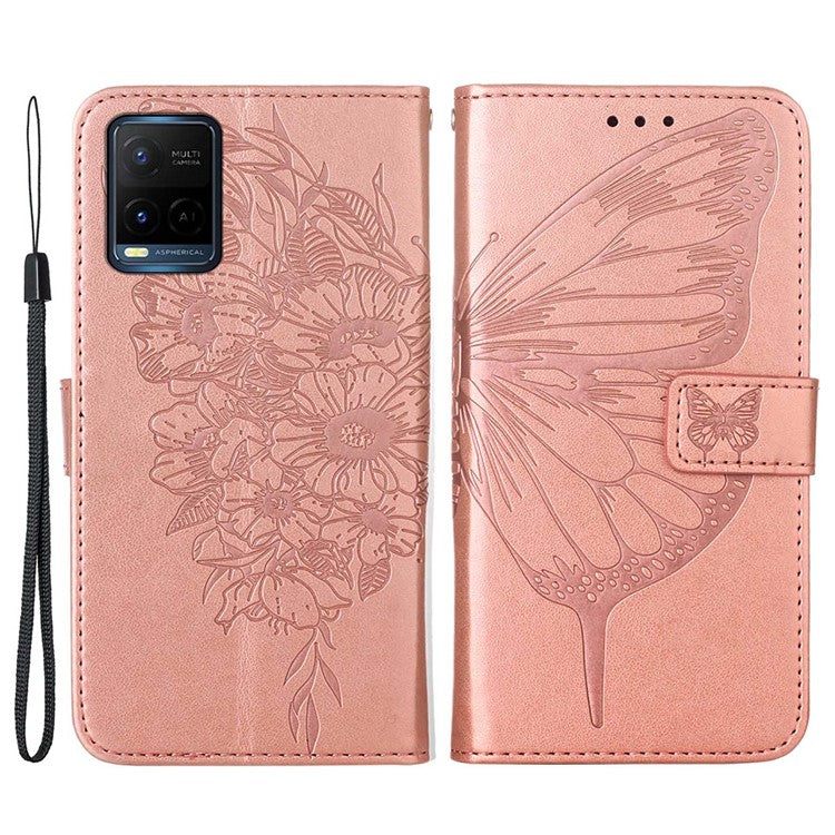 Wallet Design TPU and PU Leather Phone Case Imprinting Big Butterfly Flower Pattern Stand Phone Cover with Hand Strap for vivo Y21 / Y21s / Y33s - Rose Gold