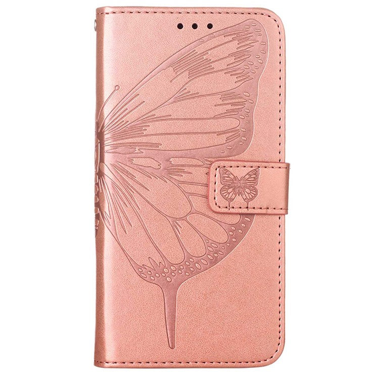 Wallet Design TPU and PU Leather Phone Case Imprinting Big Butterfly Flower Pattern Stand Phone Cover with Hand Strap for vivo Y21 / Y21s / Y33s - Rose Gold