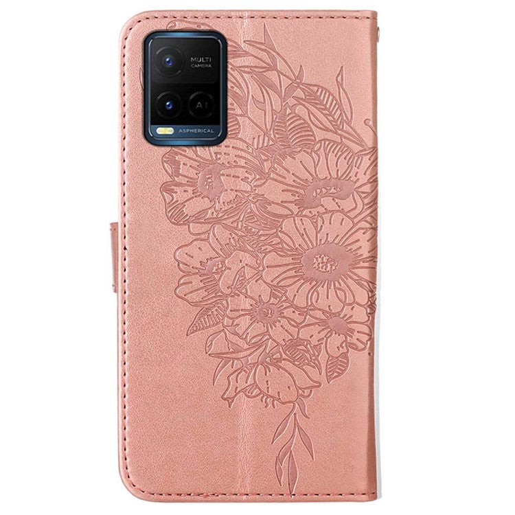 Wallet Design TPU and PU Leather Phone Case Imprinting Big Butterfly Flower Pattern Stand Phone Cover with Hand Strap for vivo Y21 / Y21s / Y33s - Rose Gold