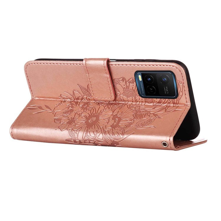 Wallet Design TPU and PU Leather Phone Case Imprinting Big Butterfly Flower Pattern Stand Phone Cover with Hand Strap for vivo Y21 / Y21s / Y33s - Rose Gold