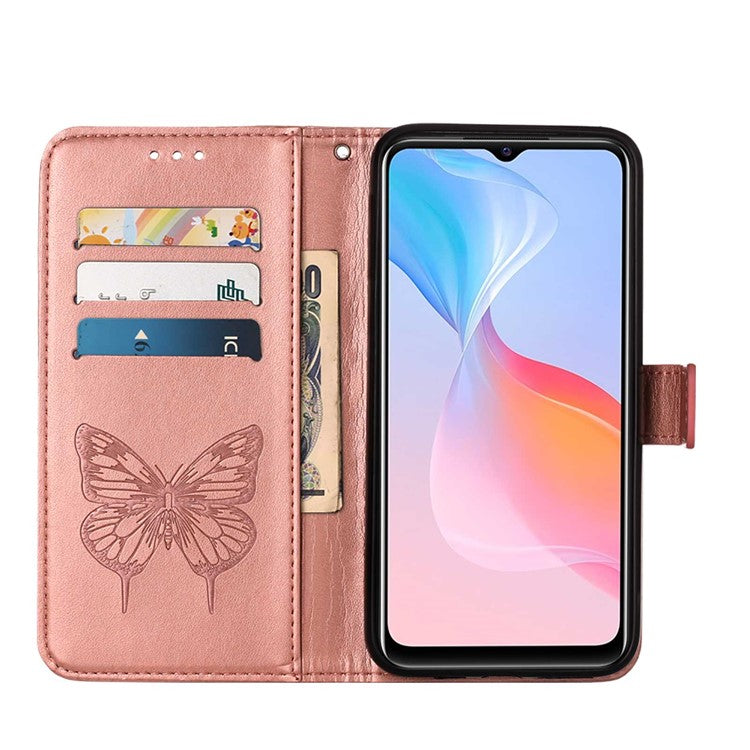 Wallet Design TPU and PU Leather Phone Case Imprinting Big Butterfly Flower Pattern Stand Phone Cover with Hand Strap for vivo Y21 / Y21s / Y33s - Rose Gold