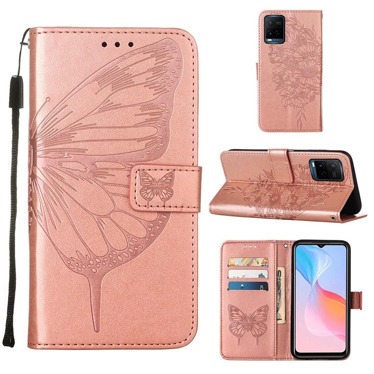 Wallet Design TPU and PU Leather Phone Case Imprinting Big Butterfly Flower Pattern Stand Phone Cover with Hand Strap for vivo Y21 / Y21s / Y33s - Rose Gold