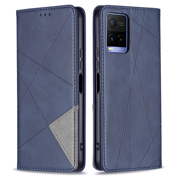 For vivo Y21 Scratch-resistant Rhombus-Like Protective Phone Cover Imprinting Card Slots Design Leather Stand Phone Case - Blue