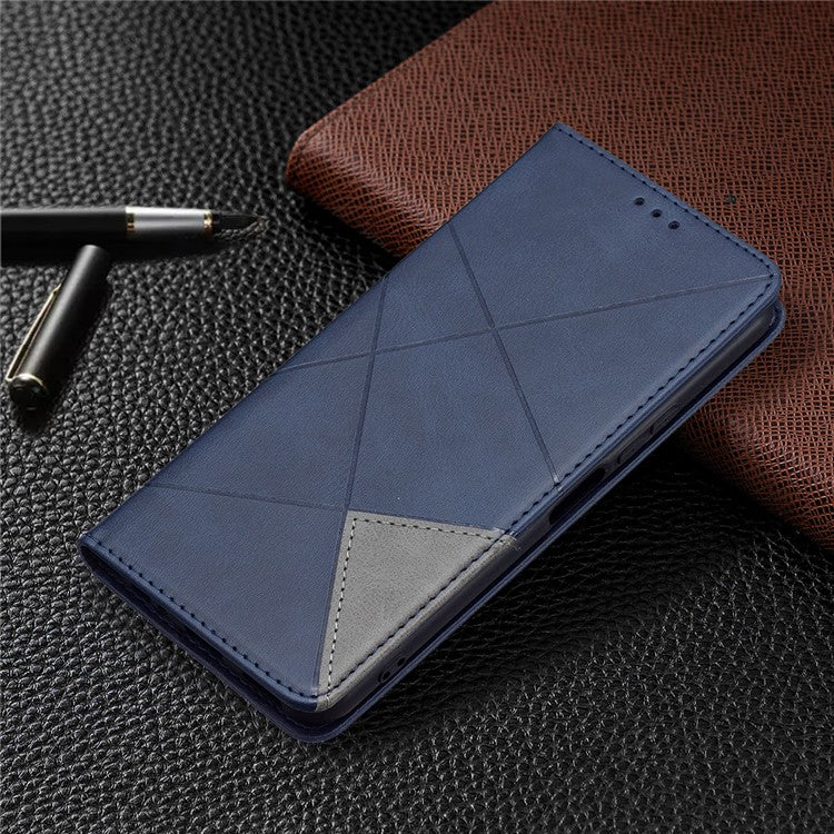 For vivo Y21 Scratch-resistant Rhombus-Like Protective Phone Cover Imprinting Card Slots Design Leather Stand Phone Case - Blue