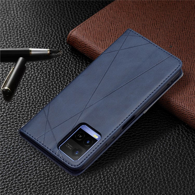 For vivo Y21 Scratch-resistant Rhombus-Like Protective Phone Cover Imprinting Card Slots Design Leather Stand Phone Case - Blue