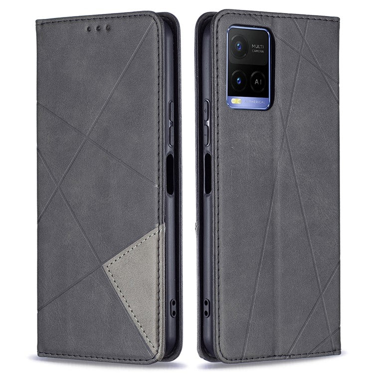 For vivo Y21 Scratch-resistant Rhombus-Like Protective Phone Cover Imprinting Card Slots Design Leather Stand Phone Case - Black