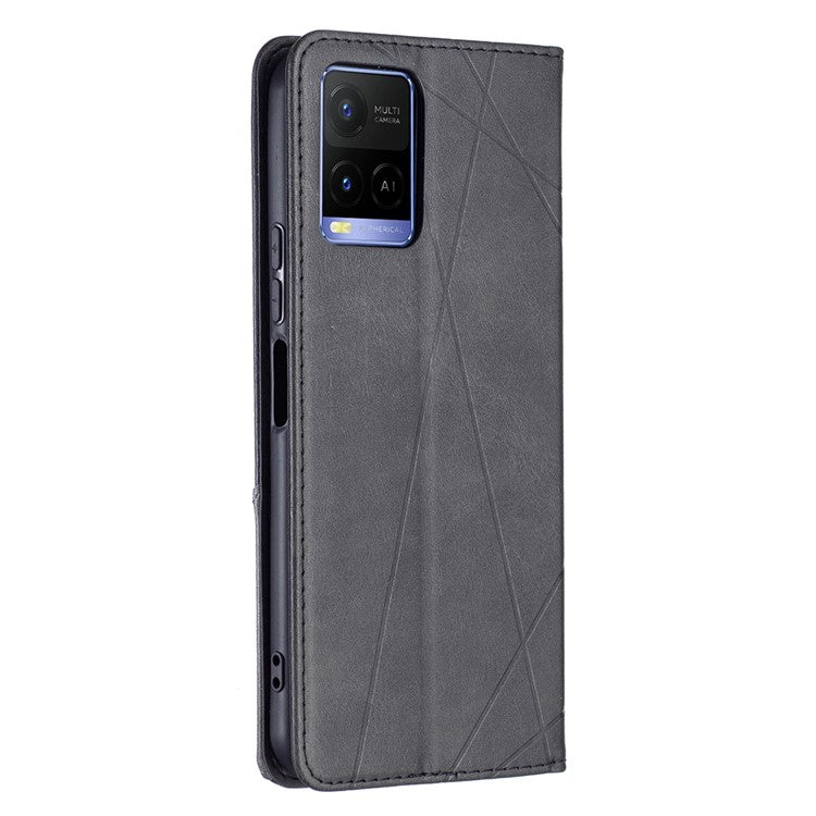 For vivo Y21 Scratch-resistant Rhombus-Like Protective Phone Cover Imprinting Card Slots Design Leather Stand Phone Case - Black