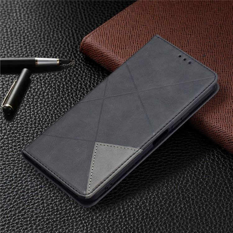 For vivo Y21 Scratch-resistant Rhombus-Like Protective Phone Cover Imprinting Card Slots Design Leather Stand Phone Case - Black