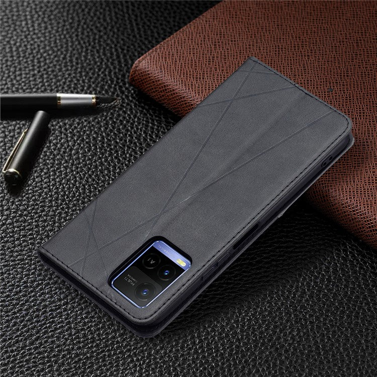 For vivo Y21 Scratch-resistant Rhombus-Like Protective Phone Cover Imprinting Card Slots Design Leather Stand Phone Case - Black