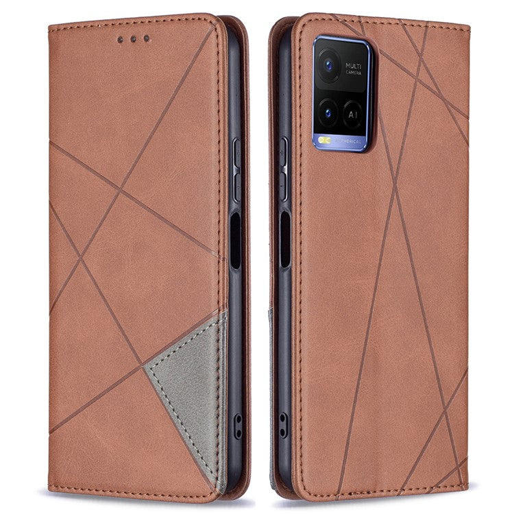 For vivo Y21 Scratch-resistant Rhombus-Like Protective Phone Cover Imprinting Card Slots Design Leather Stand Phone Case - Brown