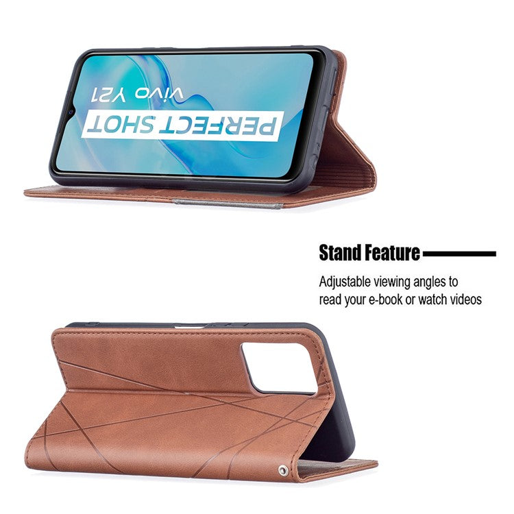 For vivo Y21 Scratch-resistant Rhombus-Like Protective Phone Cover Imprinting Card Slots Design Leather Stand Phone Case - Brown