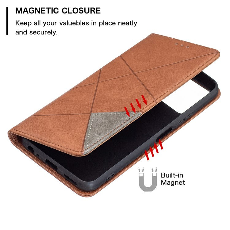 For vivo Y21 Scratch-resistant Rhombus-Like Protective Phone Cover Imprinting Card Slots Design Leather Stand Phone Case - Brown