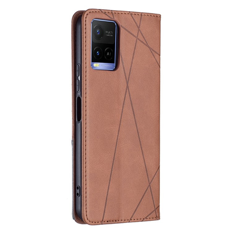 For vivo Y21 Scratch-resistant Rhombus-Like Protective Phone Cover Imprinting Card Slots Design Leather Stand Phone Case - Brown