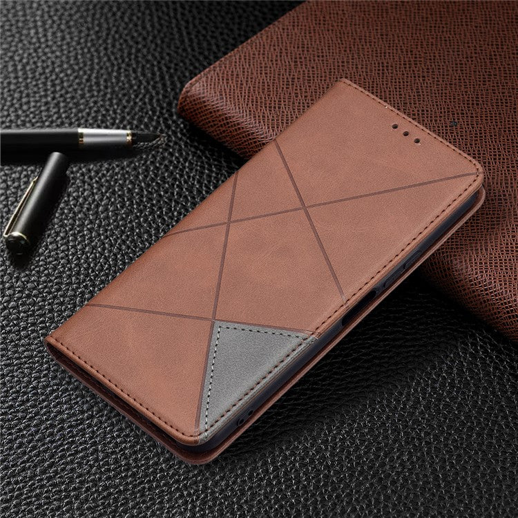 For vivo Y21 Scratch-resistant Rhombus-Like Protective Phone Cover Imprinting Card Slots Design Leather Stand Phone Case - Brown