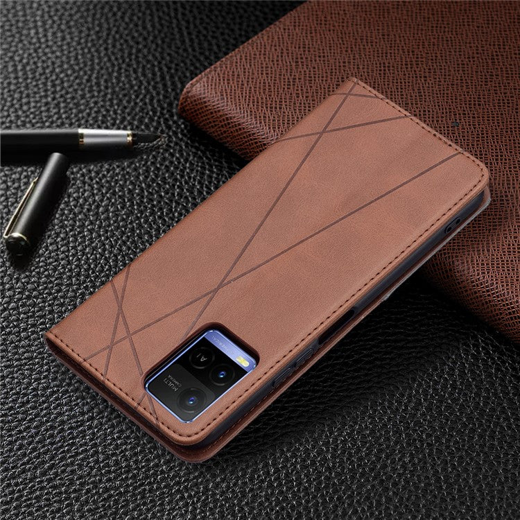 For vivo Y21 Scratch-resistant Rhombus-Like Protective Phone Cover Imprinting Card Slots Design Leather Stand Phone Case - Brown