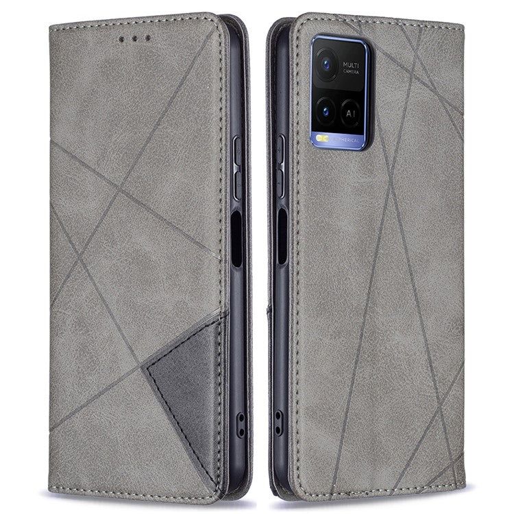 For vivo Y21 Scratch-resistant Rhombus-Like Protective Phone Cover Imprinting Card Slots Design Leather Stand Phone Case - Grey