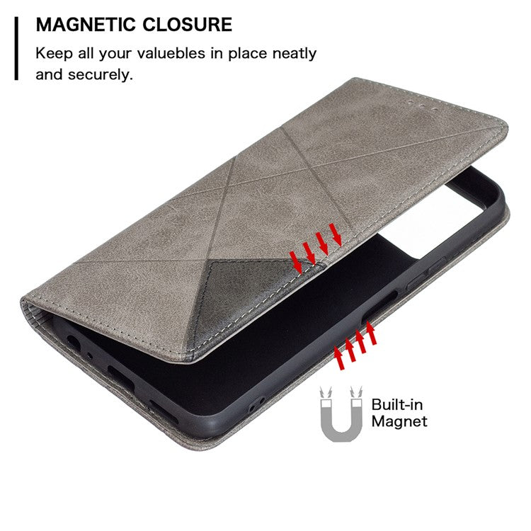 For vivo Y21 Scratch-resistant Rhombus-Like Protective Phone Cover Imprinting Card Slots Design Leather Stand Phone Case - Grey