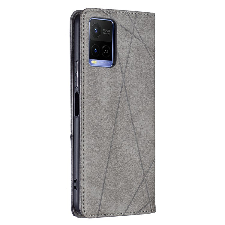 For vivo Y21 Scratch-resistant Rhombus-Like Protective Phone Cover Imprinting Card Slots Design Leather Stand Phone Case - Grey