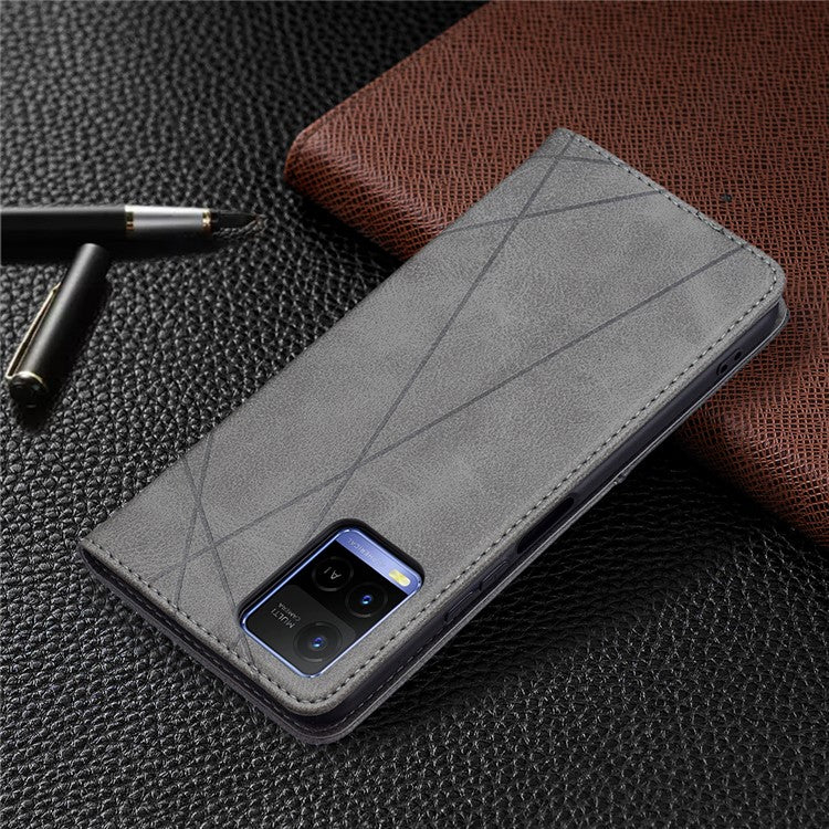 For vivo Y21 Scratch-resistant Rhombus-Like Protective Phone Cover Imprinting Card Slots Design Leather Stand Phone Case - Grey