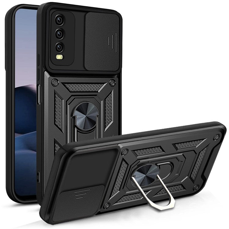 Ring Kickstand Design Camera Slide Cover PC + TPU Anti-fall Hybrid Case Cover for vivo Y20 - Black