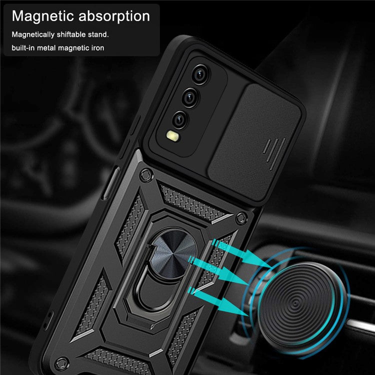 Ring Kickstand Design Camera Slide Cover PC + TPU Anti-fall Hybrid Case Cover for vivo Y20 - Black