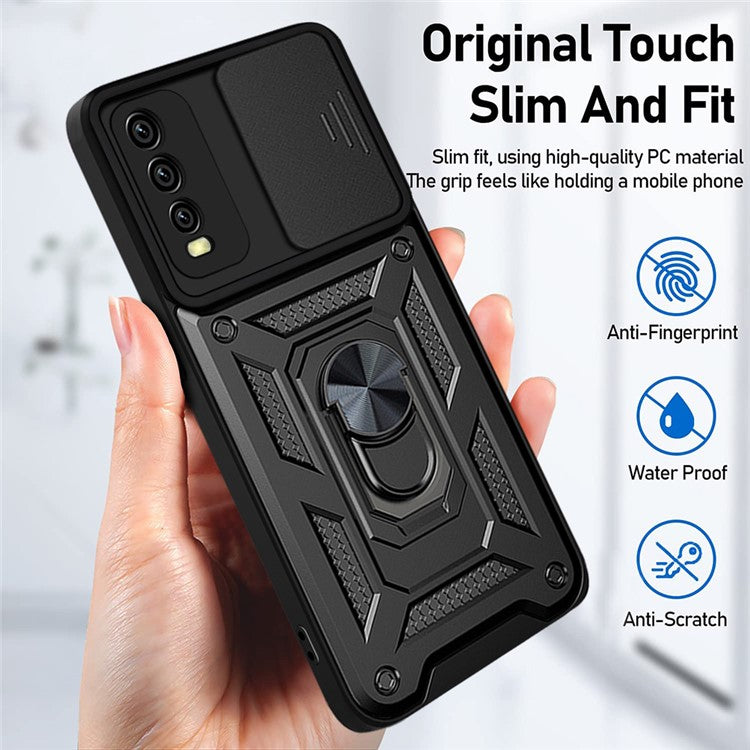 Ring Kickstand Design Camera Slide Cover PC + TPU Anti-fall Hybrid Case Cover for vivo Y20 - Black