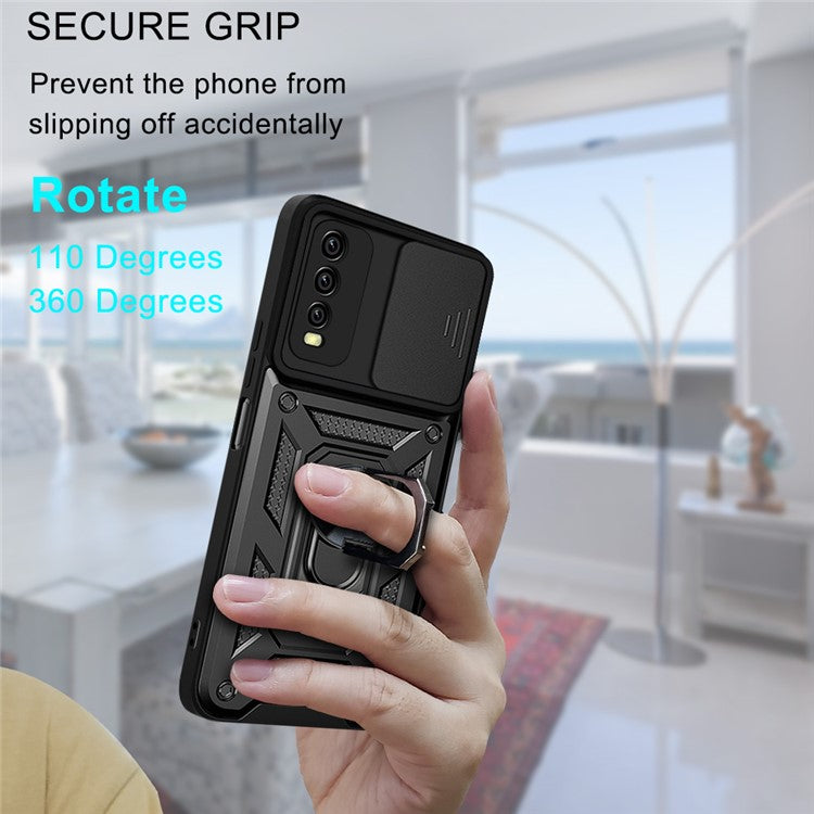 Ring Kickstand Design Camera Slide Cover PC + TPU Anti-fall Hybrid Case Cover for vivo Y20 - Black