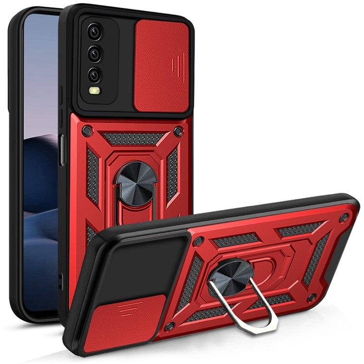 Ring Kickstand Design Camera Slide Cover PC + TPU Anti-fall Hybrid Case Cover for vivo Y20 - Red