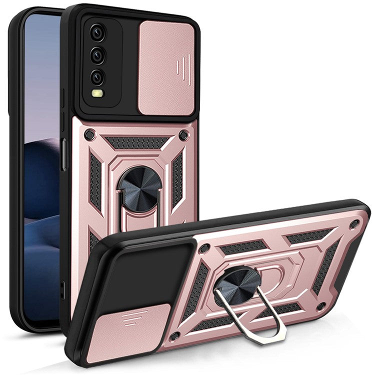 Ring Kickstand Design Camera Slide Cover PC + TPU Anti-fall Hybrid Case Cover for vivo Y20 - Rose Gold