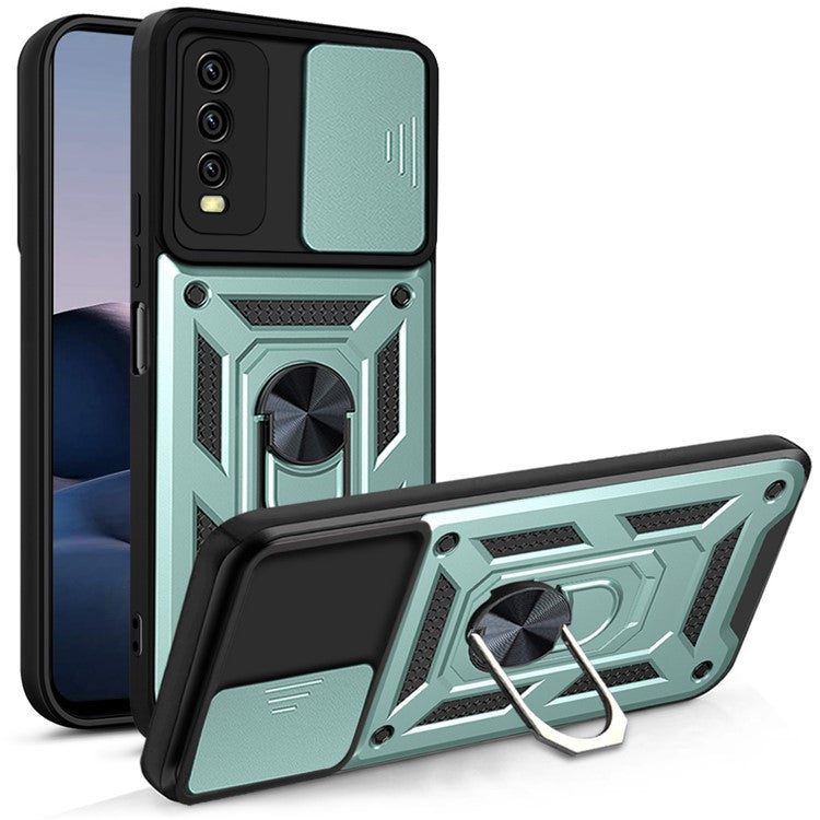 Ring Kickstand Design Camera Slide Cover PC + TPU Anti-fall Hybrid Case Cover for vivo Y20 - Green