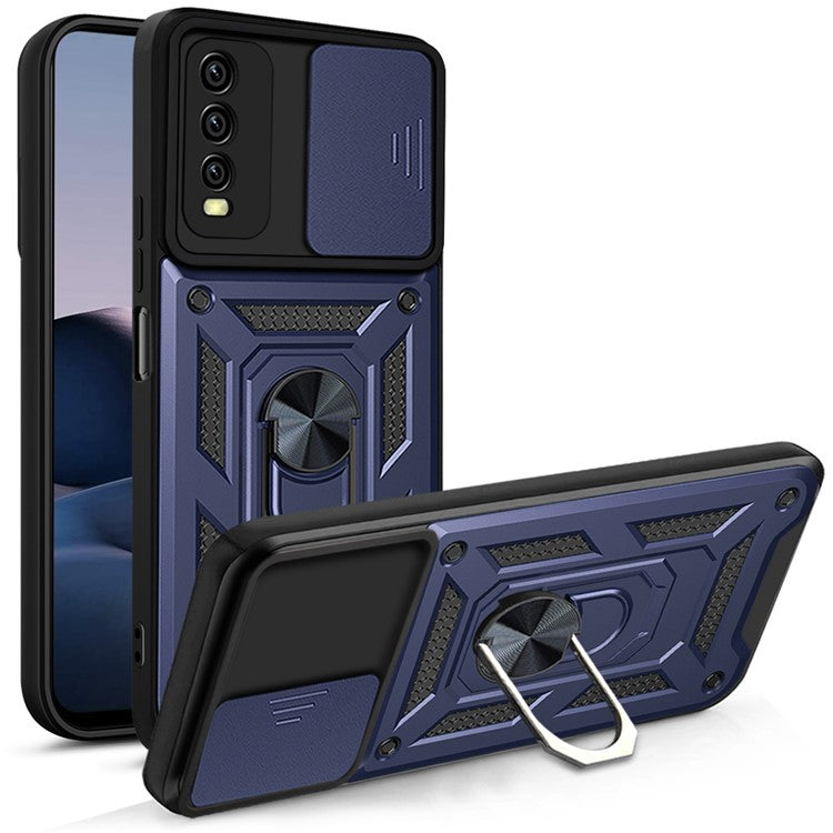 Ring Kickstand Design Camera Slide Cover PC + TPU Anti-fall Hybrid Case Cover for vivo Y20 - Blue