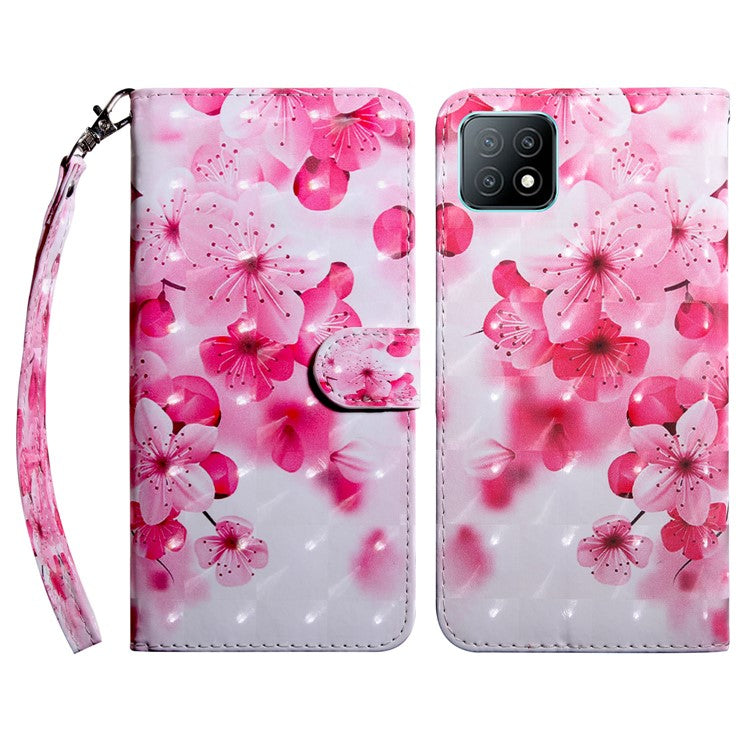 PU Leather Wallet Phone Cover 3D Pattern Printing Stand Flip Folio Case with Strap for Oppo A53 5G - Peach Blossom