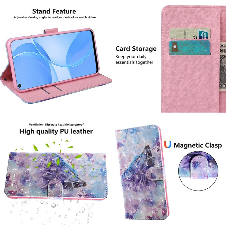 3D Pattern Printing PU Leather Soft TPU Inner Wallet Stand Flip Case with Strap for Oppo A16 / A16s / A54s / A54 4G / A55 5G - Howling Wolf