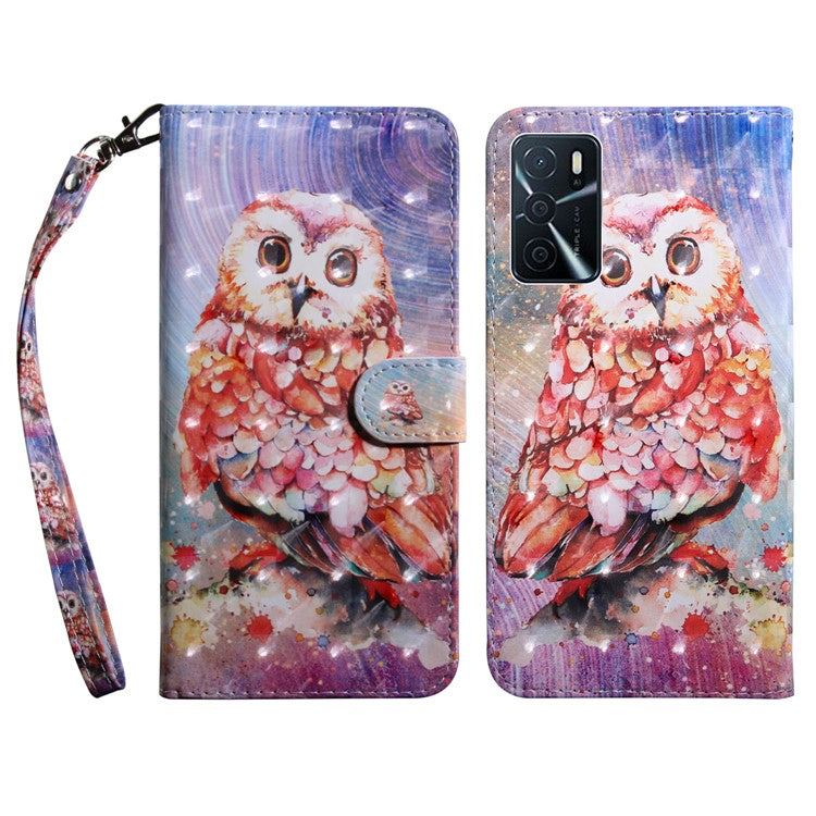 3D Pattern Printing PU Leather Soft TPU Inner Wallet Stand Flip Case with Strap for 	Oppo A16 / A16s / A54s / A54 4G / A55 5G - Owl