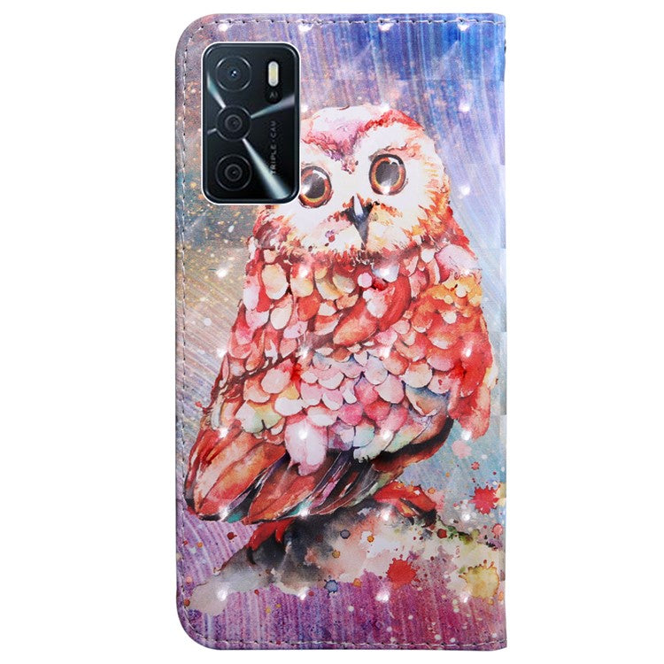 3D Pattern Printing PU Leather Soft TPU Inner Wallet Stand Flip Case with Strap for 	Oppo A16 / A16s / A54s / A54 4G / A55 5G - Owl