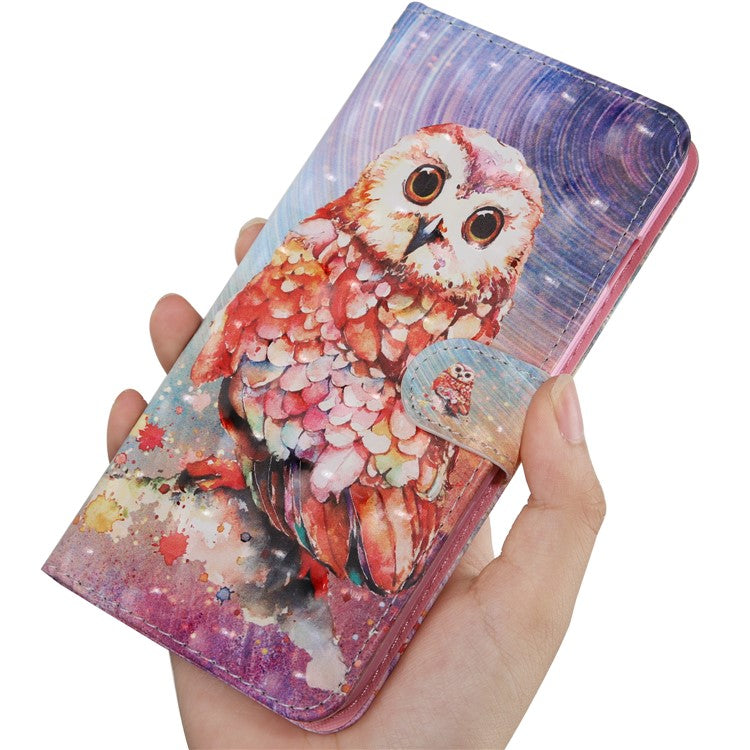 3D Pattern Printing PU Leather Soft TPU Inner Wallet Stand Flip Case with Strap for 	Oppo A16 / A16s / A54s / A54 4G / A55 5G - Owl