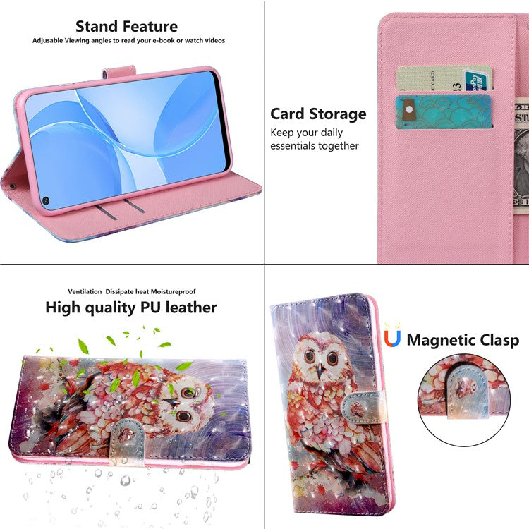 3D Pattern Printing PU Leather Soft TPU Inner Wallet Stand Flip Case with Strap for 	Oppo A16 / A16s / A54s / A54 4G / A55 5G - Owl