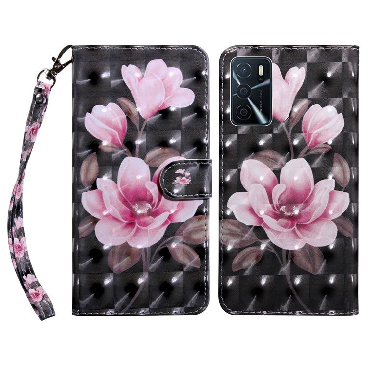 3D Pattern Printing PU Leather Soft TPU Inner Wallet Stand Flip Case with Strap for Oppo A16 / A16s / A54s / A54 4G / A55 5G - Pink Flowers