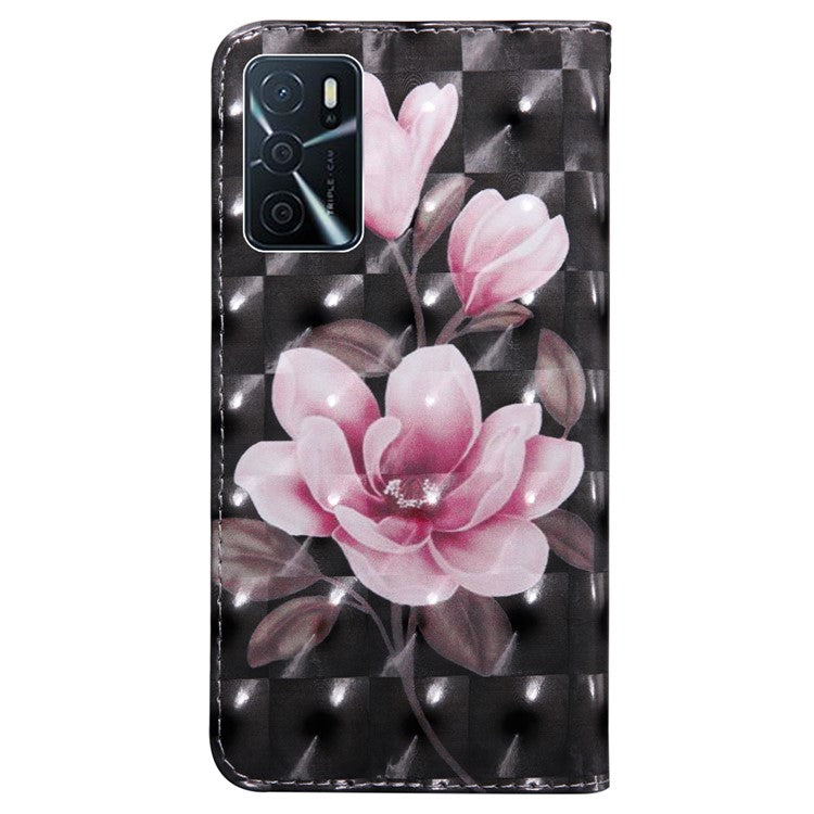 3D Pattern Printing PU Leather Soft TPU Inner Wallet Stand Flip Case with Strap for Oppo A16 / A16s / A54s / A54 4G / A55 5G - Pink Flowers