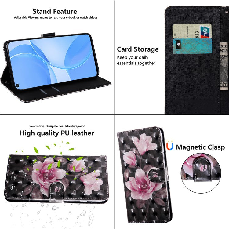 3D Pattern Printing PU Leather Soft TPU Inner Wallet Stand Flip Case with Strap for Oppo A16 / A16s / A54s / A54 4G / A55 5G - Pink Flowers