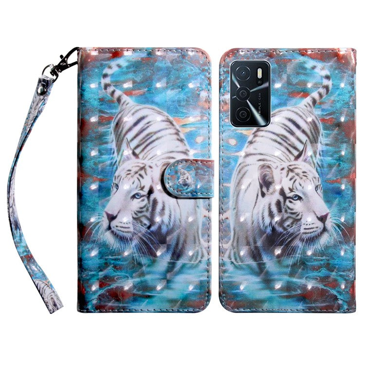 3D Pattern Printing PU Leather Soft TPU Inner Wallet Stand Flip Case with Strap for Oppo A16 / A16s / A54s / A54 4G / A55 5G - Tiger