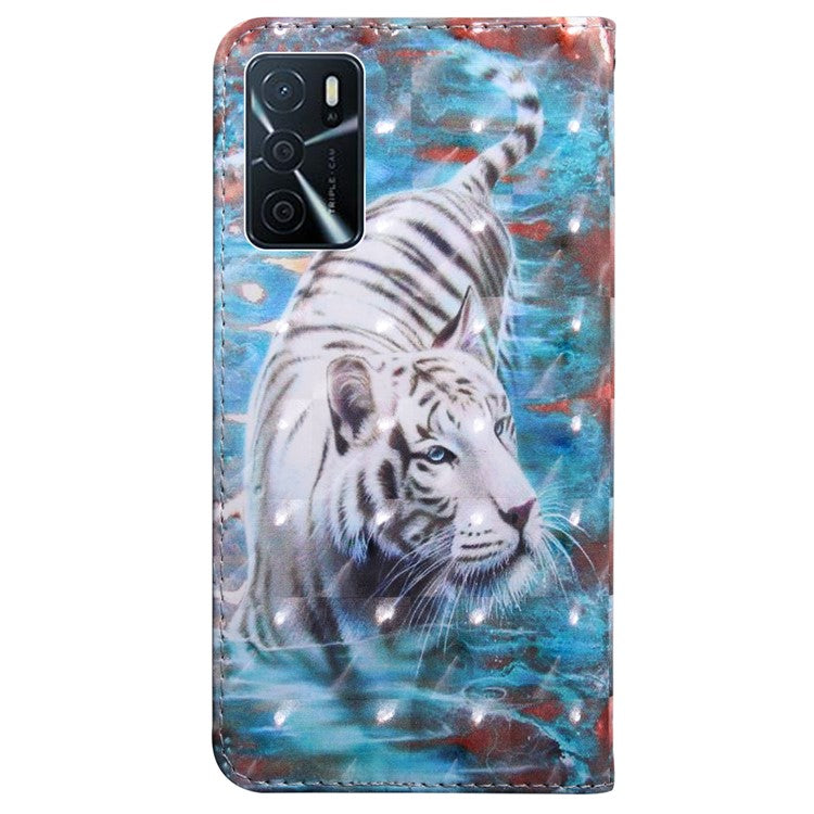 3D Pattern Printing PU Leather Soft TPU Inner Wallet Stand Flip Case with Strap for Oppo A16 / A16s / A54s / A54 4G / A55 5G - Tiger