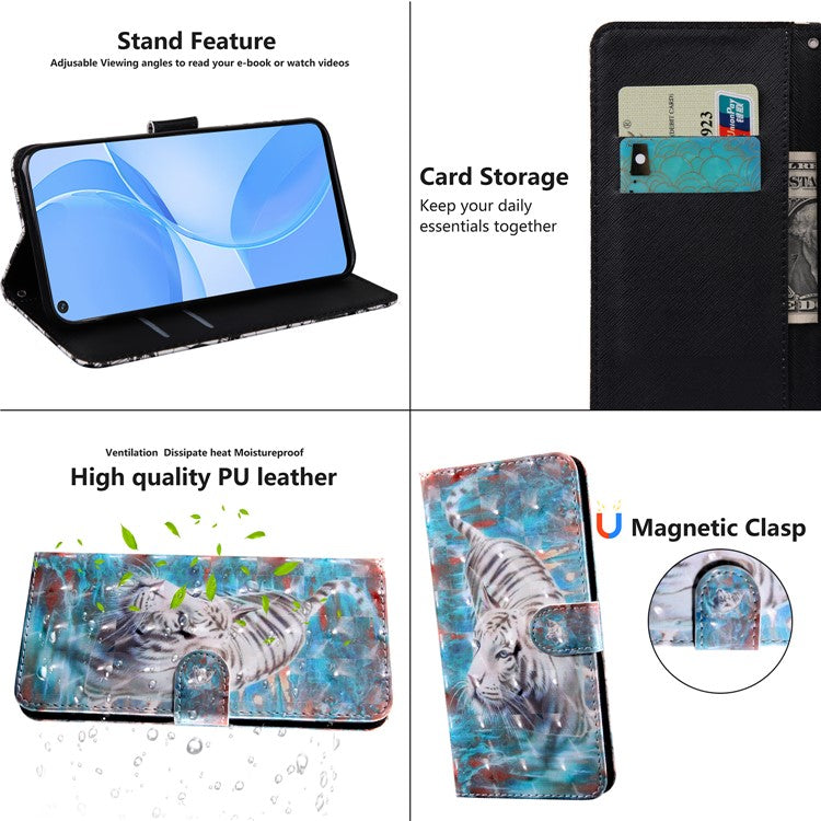 3D Pattern Printing PU Leather Soft TPU Inner Wallet Stand Flip Case with Strap for Oppo A16 / A16s / A54s / A54 4G / A55 5G - Tiger